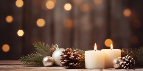 White Christmas candles on rustic wooden table, with natural decorations of pine branches and cones, Greeting cards backgrounds with copy space, Merry Christmas and Happy New Year.