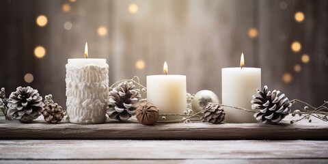White Christmas candles on rustic wooden table, with natural decorations of pine branches and cones, Greeting cards backgrounds with copy space, Merry Christmas and Happy New Year.