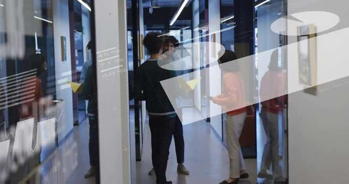 Animation of infographic interface over diverse colleagues discussing folder in office corridor