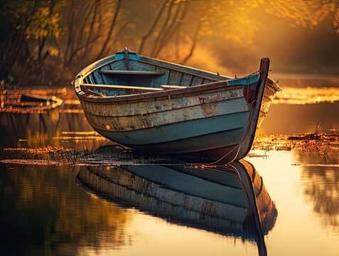 Wooden boat in the river with sunset. Generative AI.