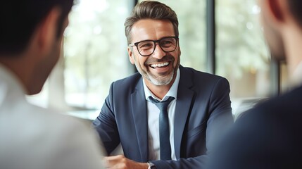 happy business man meeting with financial law experts lawyers attorneys team thinking of risks. consultancy advisory services concept. generative AI