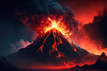 AI generated illustration of a volcano erupting molten lava into a misty mountain range