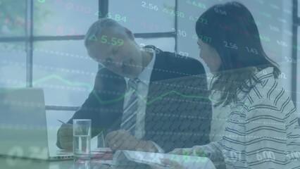 Animation of changing numbers over caucasian partners shaking hands in meeting at office - Powered by Adobe