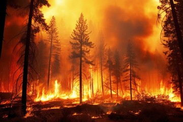 AI generated illustration of a large forest fire with burning orange flames and smoke