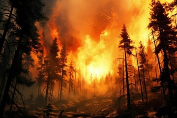 AI generated illustration of a large forest fire with burning orange flames and smoke