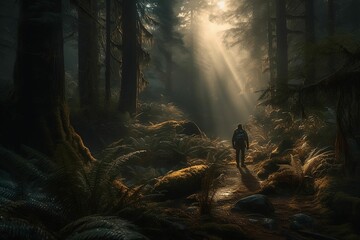 AI generated illustration of a solitary figure trekking through a picturesque forest