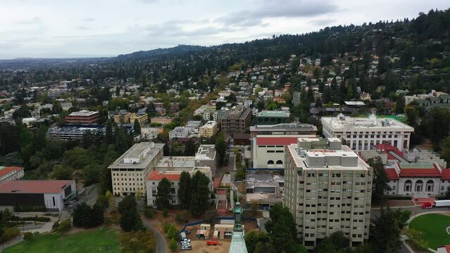 Aerial view descending in front of the Campanile, Sather Tower in Berkeley, USA