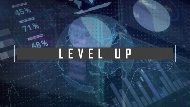 Animation of level up text over infographic interface and globe