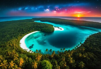 AI generated illustration of an aerial view of a tropical island with lush palm trees at sunset - obrazy, fototapety, plakaty