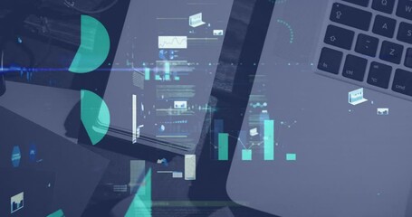 Animation of multiple graphs and computer language over laptop and notepad on desk - Powered by Adobe