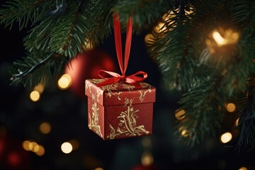 a beautiful small gift box hanging on a Christmas tree branch. New Year's decor