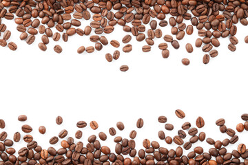 Many roasted coffee beans isolated on white , top view