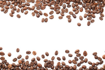 Many roasted coffee beans isolated on white , top view