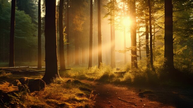 AI generated illustration of A sunbeam peeks through the lush foliage of a dense forest
