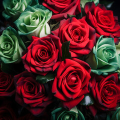 Fototapeta premium Red and green Christmas color roses. Generative ai. 