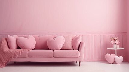 Fototapeta na wymiar Minimal interior design concept with copy space: modern living room with comfortable pink sofa and home decor for valentine's day, studio lighting, and muted color theme.
