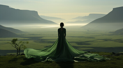 A woman in a green dress stands amid a green field.  - obrazy, fototapety, plakaty