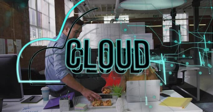 Animation of cloud text in cloud over caucasian coworkers having snacks and coffee in office