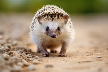 Fototapeta premium AI generated illustration of a small hedgehog walking on the dirt road