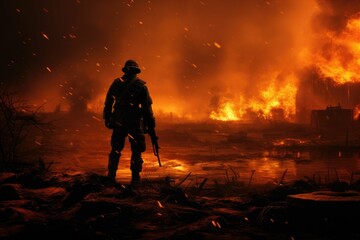 AI generated illustration of a military person with a gun standing in a burning landscape