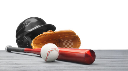 Baseball glove, bat, ball and batting helmet on grey wooden table against white background