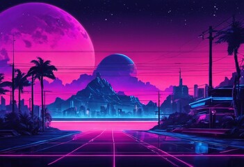 AI generated illustration of a neon sci-fi landscape with a mountain and palm trees