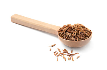 Spoon of aromatic caraway (Persian cumin) seeds isolated on white