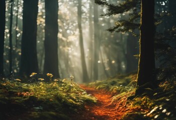 Obraz premium AI generated illustration of A tranquil forest path lined with vibrant green trees