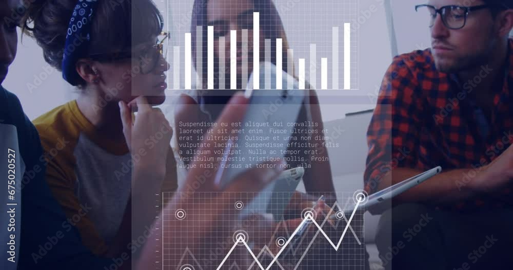 Wall mural Animation of graphs, loading circles and bars over diverse coworkers sharing ideas in office