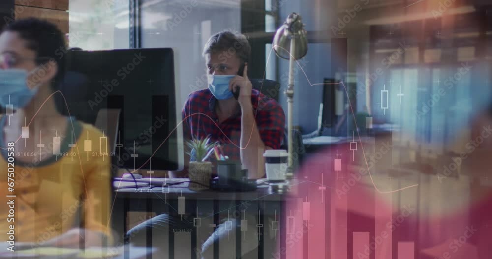 Wall mural Animation of multiple graphs over caucasian man wearing mask talking on cellphone and using computer