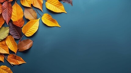 AI generated illustration of autumn leaves on a blue background with copyspace - obrazy, fototapety, plakaty