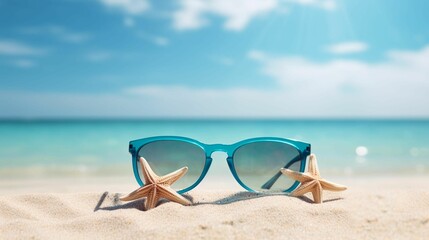 Fototapeta na wymiar AI generated illustration of sunglasses on a sandy beach