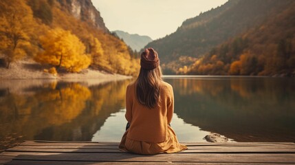 An ai generated illustration of a female sitting on a wooden dock, taking a view of a forest lake