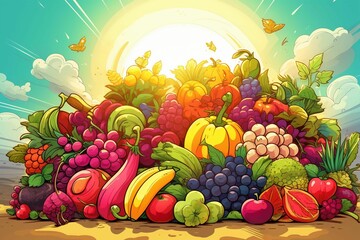 Obraz na płótnie Canvas A vibrant and cheerful illustration featuring a variety of cartoon fruits and vegetables