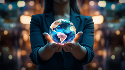 Fototapeta premium Businesswoman holding a globe model showing that business on the planet is growing, business concept