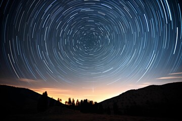 AI generated illustration of a long exposure with star trails drawn across the night sky - obrazy, fototapety, plakaty