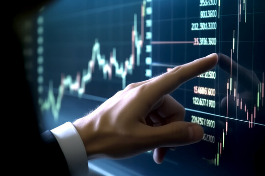 A close-up of a finger pointing at a stock chart on a computer screen.