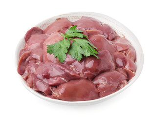 Bowl of raw chicken liver with parsley isolated on white