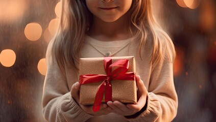 Fototapeta na wymiar Glimpse of Joy: Child Grasping a Gift in the Spirit of Christmas, a child holding a gift during the Christmas season 