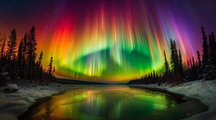 AI generated illustration of a colorful breathtaking aurora borealis in the sky over a lake