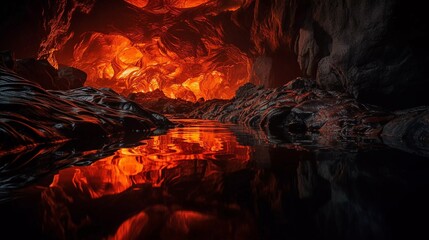 AI generated illustration of an underground cave, illuminated with the flames of a fire