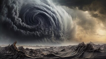 AI generated illustration of a powerful storm raging at sea, with huge waves crashing against rocks - obrazy, fototapety, plakaty