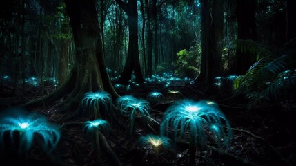 AI generated illustration of a lush, vibrant forest with several glowing orbs hovering above it