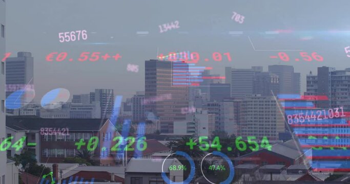 Animation of graphs, changing numbers and trading board over modern cityscape