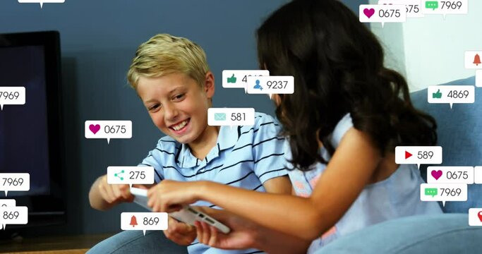 Animation of notification bars over diverse children trying to snatch digital tablet from each other