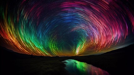 AI generated illustration of colorful Northern Lights over a field at night