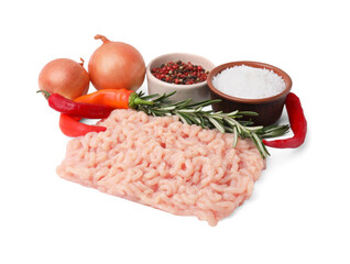 Fresh raw minced meat, products, spices and rosemary isolated on white