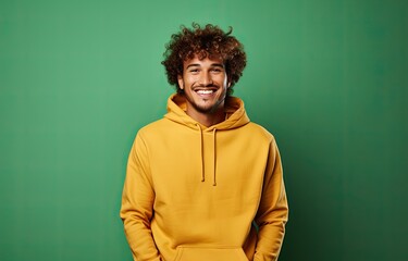 Obraz na płótnie Canvas man with curls in yellow hoodie., in the style of dark green and light brown. 