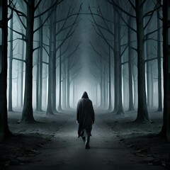 AI generated illustration of a person walking through a shadowy forest wearing a hooded sweatshirt