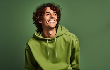 Fototapeta na wymiar portrait of a man smiling in a green outfit, in the style of commercial imagery